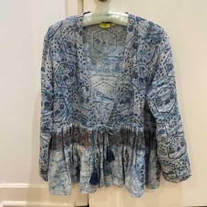 Roller Rabbit for Gorsuch, beautiful batik jacket. Tie closure, peplum waist.